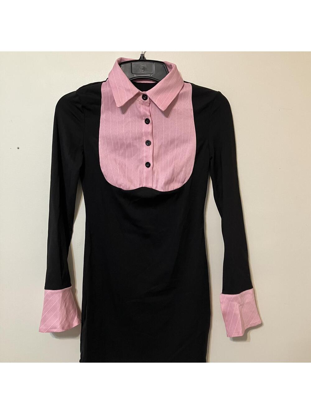 Black and Pink Collared Academia Office Siren Cuffed Sleeve Dress Size Small